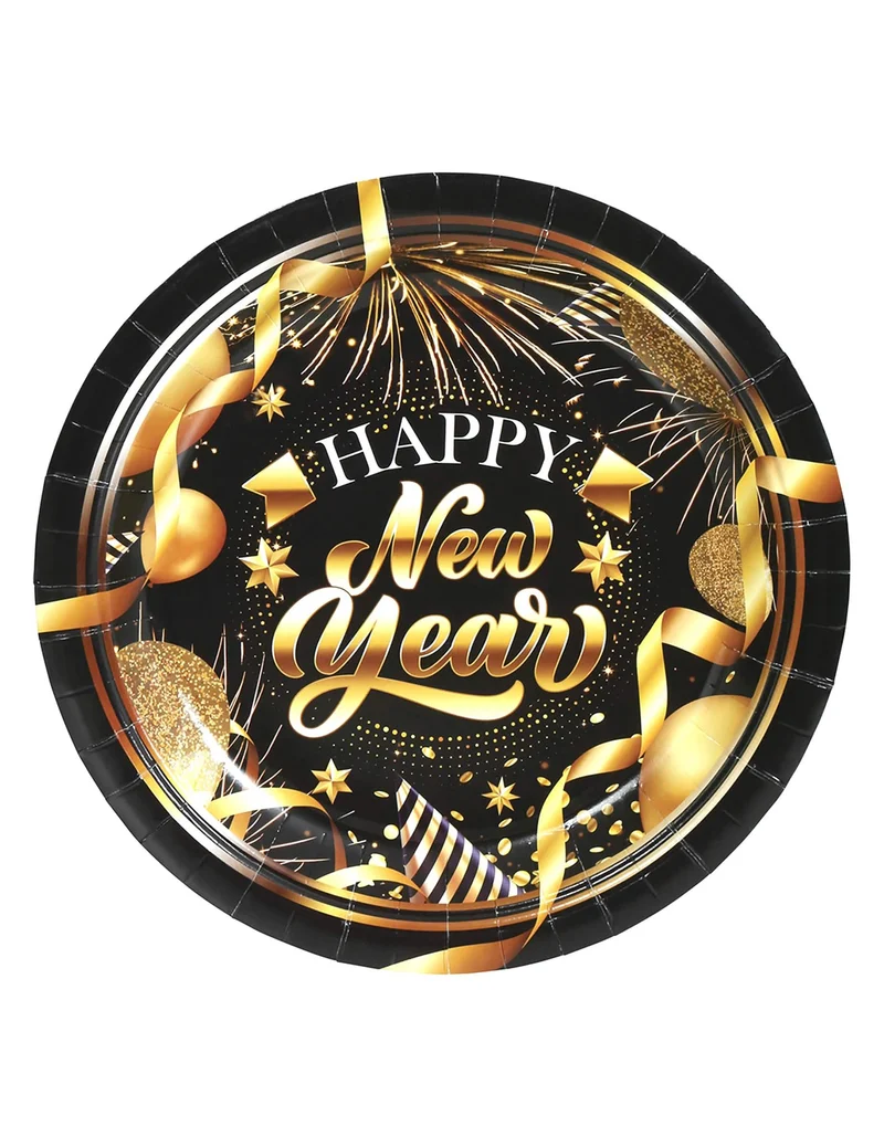 6 Pappteller Happy New Year Schwarz und Gold 23 cm