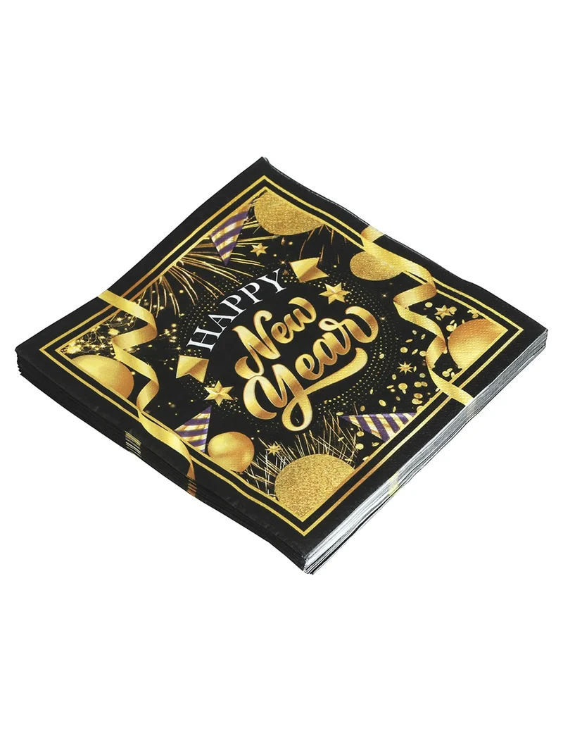 20 Papierservietten Happy New Year Schwarz und Gold 33 x 33 cm