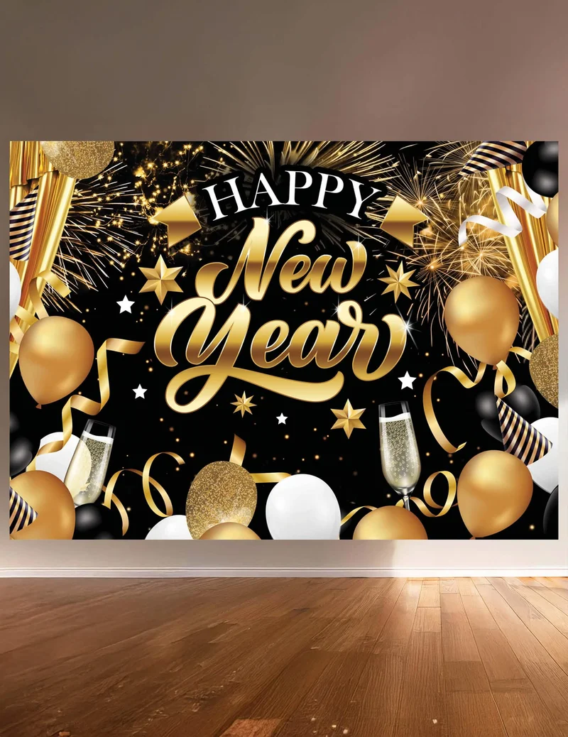 Hintergrund Happy New Year Schwarz und Gold 220 x 150 cm