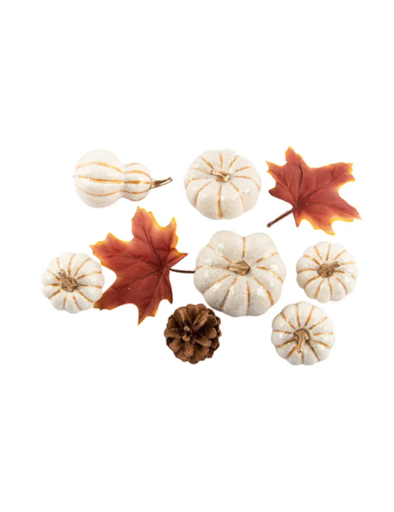 Set 9 Herbstdekorationen weiße Kürbisse und Blätter