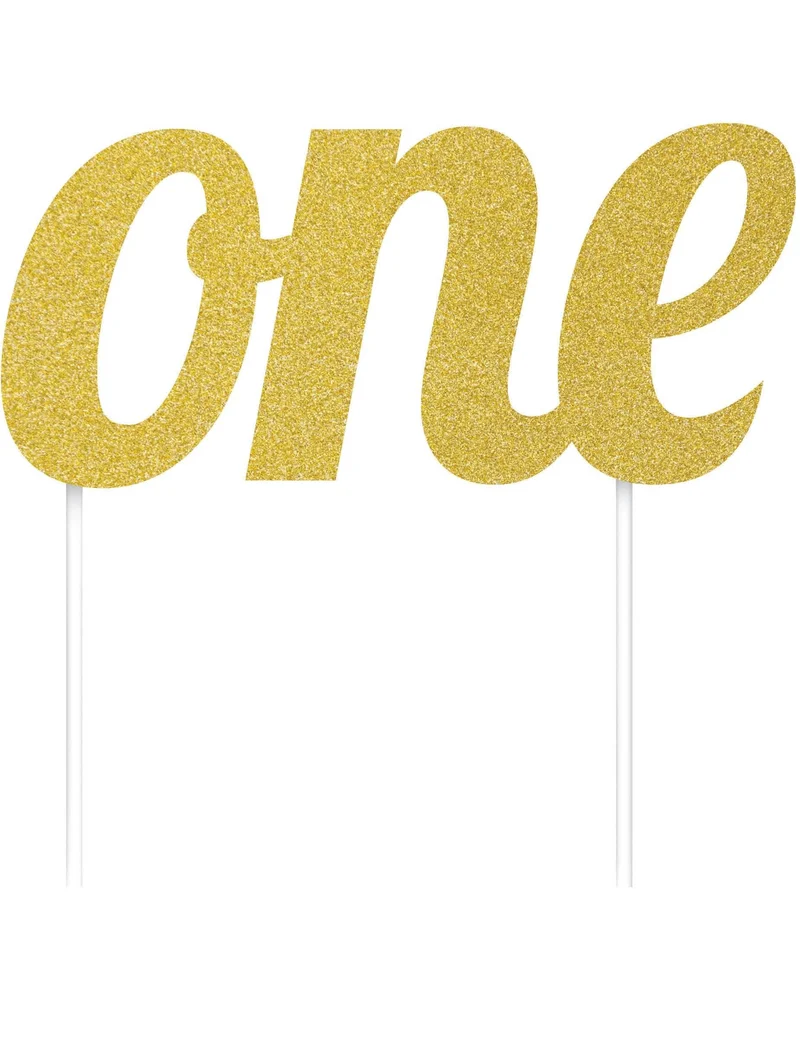 Tortendekoration 1 Jahr Schriftzug "one" gold glitzernd 7 x 15 cm