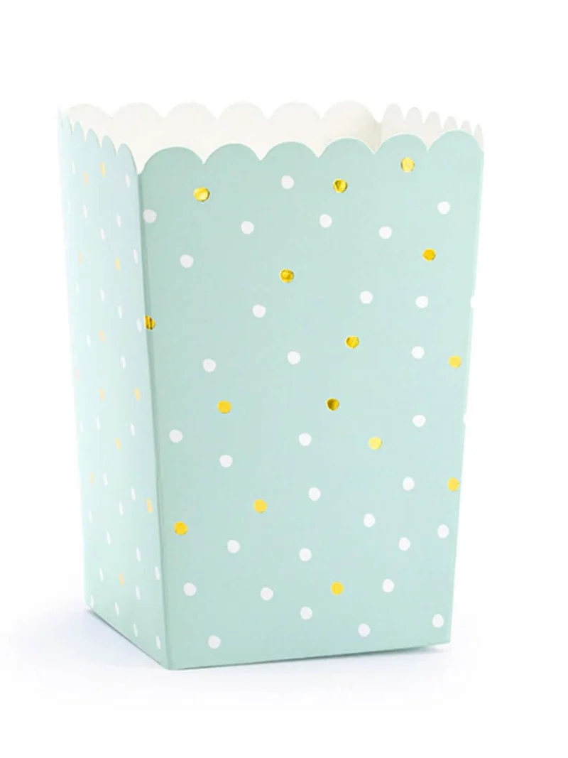6 mintgrüne Popcornboxen aus Karton mit weißen und goldenen Punkten