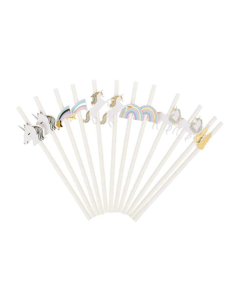 12 Einhorn-Strohhalme Pastell und Gold 19,5 cm für Geburtstag