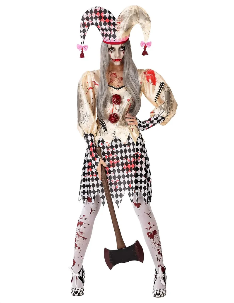 Blutiges Harlekin-Damenkostüm Halloween Zombie weiss-schwarz-rot