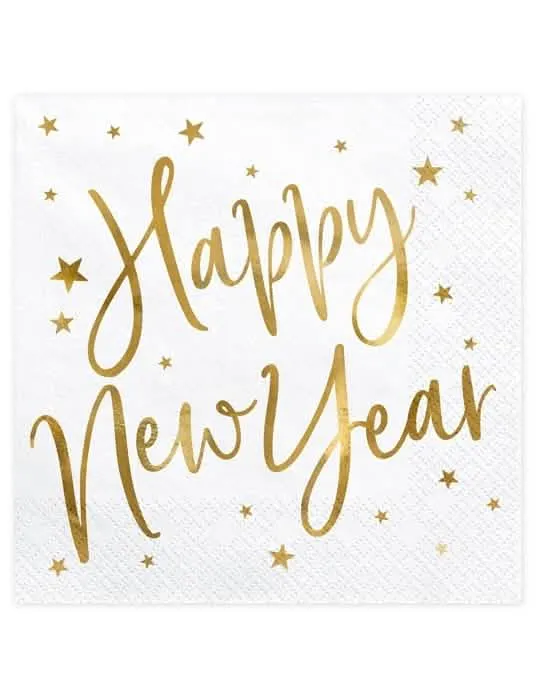 20 Happy New Year Papierservietten weiß-gold 33 x 33 cm mit Sternen