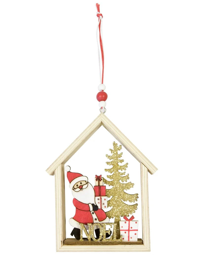 Holzanhänger Weihnachtsmann in seinem Haus 13 x 11 x 2 cm für den Weihnachtsbaum