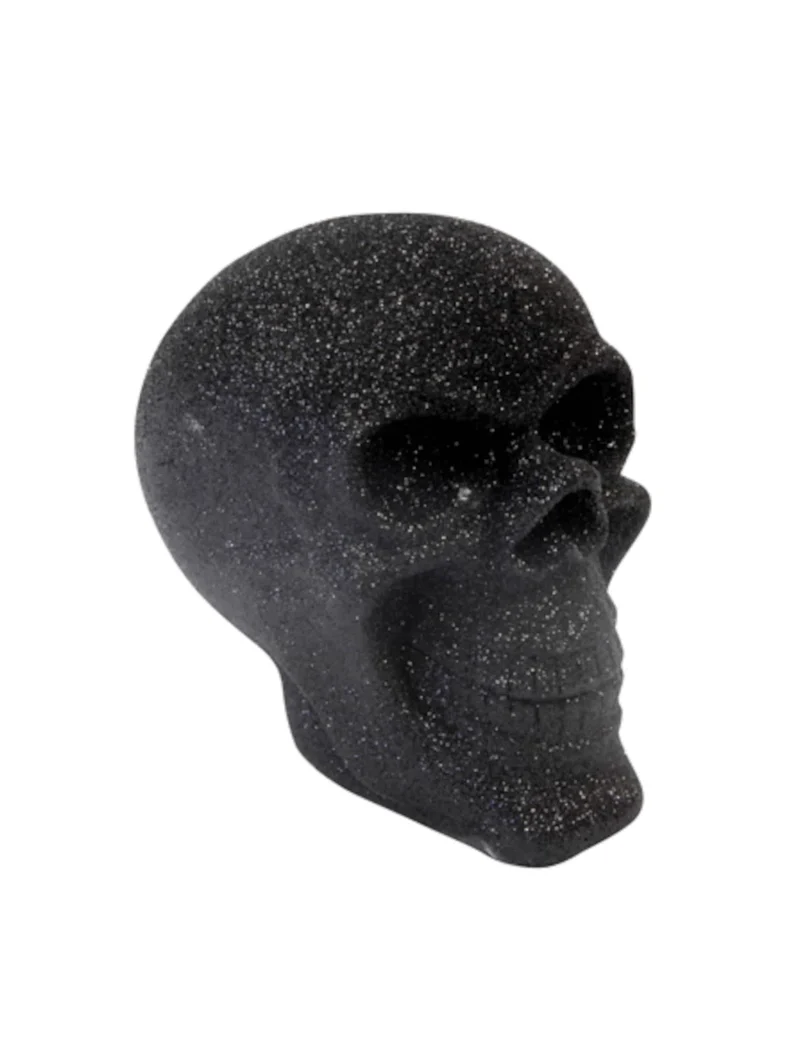 Schwarzer Glitzerschädel aus Harz, 13 cm, für Halloween-Dekoration