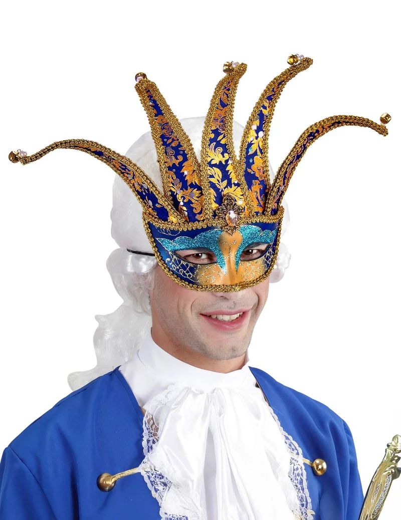 Venezianische Augenmaske Blau und Gold mit Glöckchen für Erwachsene