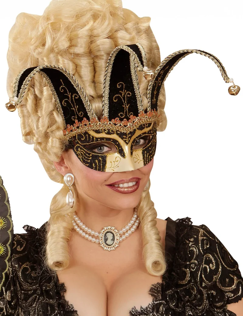 Venezianische Augenmaske in Schwarz und Gold mit Glöckchen für Erwachsene