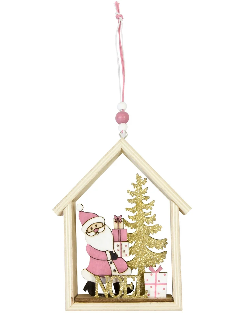 Rosa Weihnachtsmann-Haus Holz-Hänger 13 x 11 cm mit Glitzer