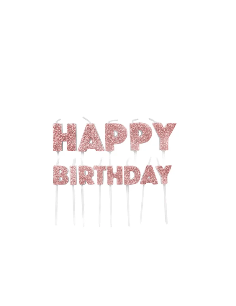 Kerzen auf Spießen "Happy Birthday" Roségold Glitzer 5,5 bis 7 cm, 13er-Set