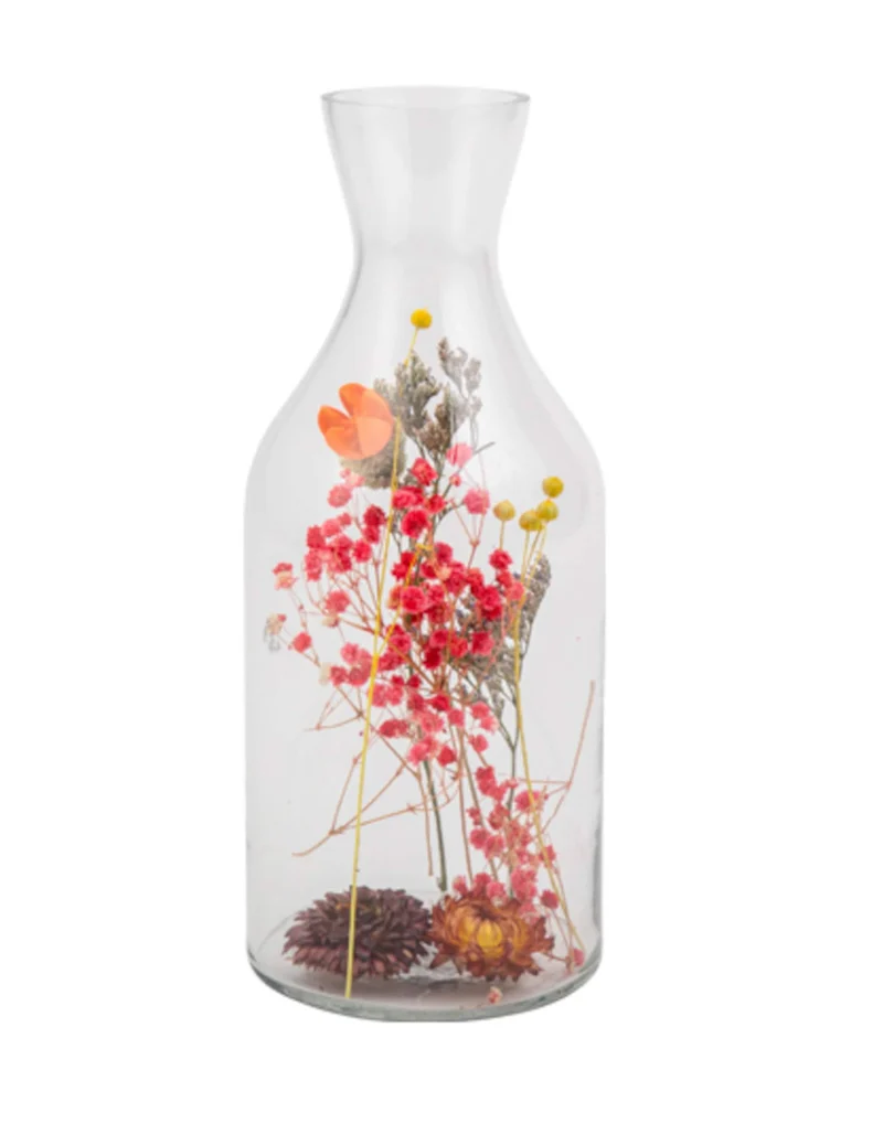 Transparente Flasche mit bunten Trockenblumen 11 x 27,5 cm