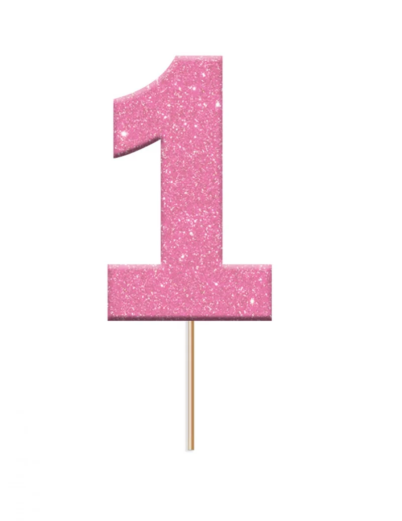 12 Kuchenstecker aus Kunststoff, Zahl 1, rosa glitzernd mit Spieß