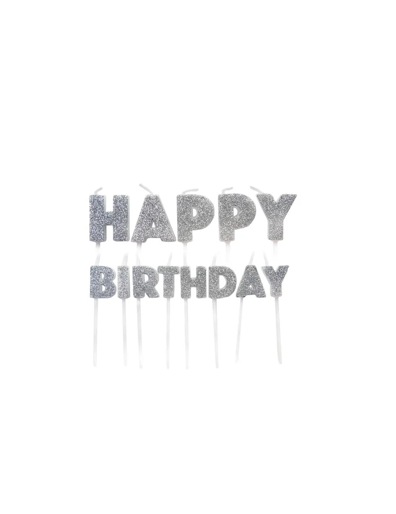 Happy Birthday Kerzen auf Spießen, silbern glitzernd, 5,5 bis 7 cm, 13er-Set