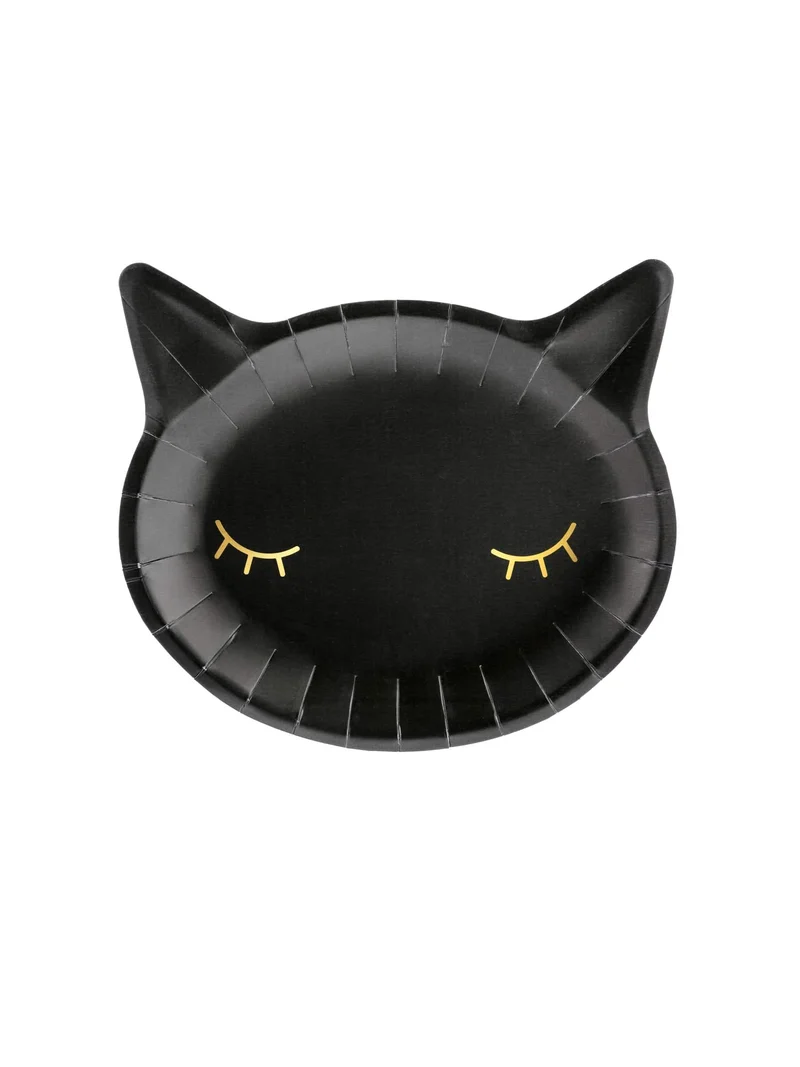 6 schwarze Katzenkopf-Pappteller 22 cm goldene Augen
