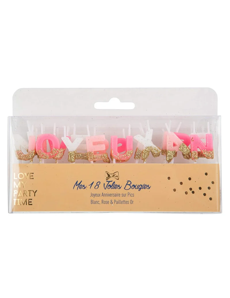 Kerzen "Alles Gute zum Geburtstag" Weiß, Rosa und Goldglitzer, 4,3 cm auf Stab