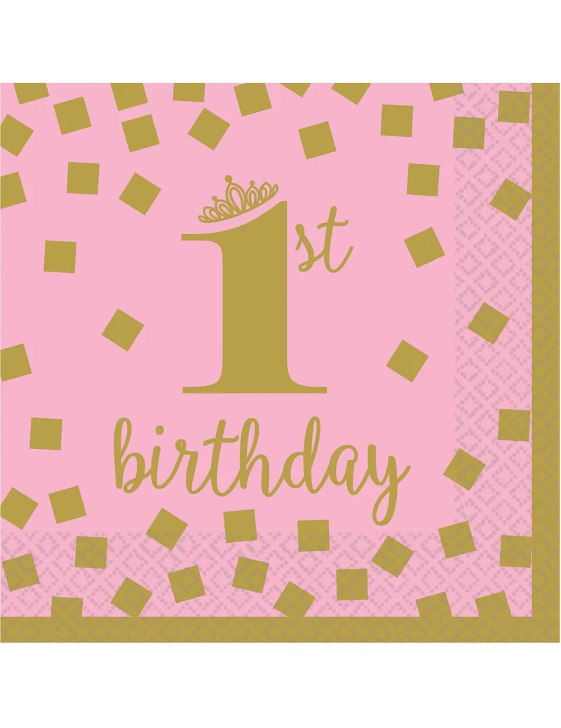 16 Kleine Papierservietten 1st Birthday Rosa Gold 25 x 25 cm für den ersten Geburtstag