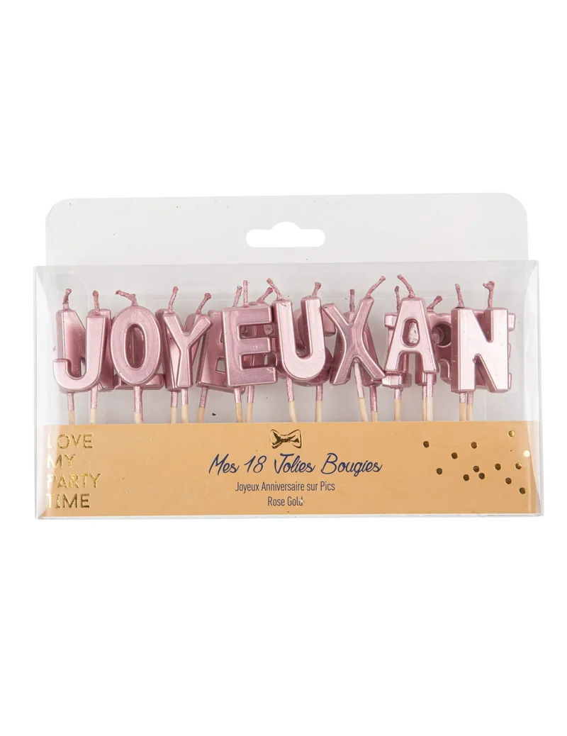 Geburtstagskerzen auf Stäbchen "Joyeux Anniversaire" Roségold metallic 4,3 cm für Kuchen