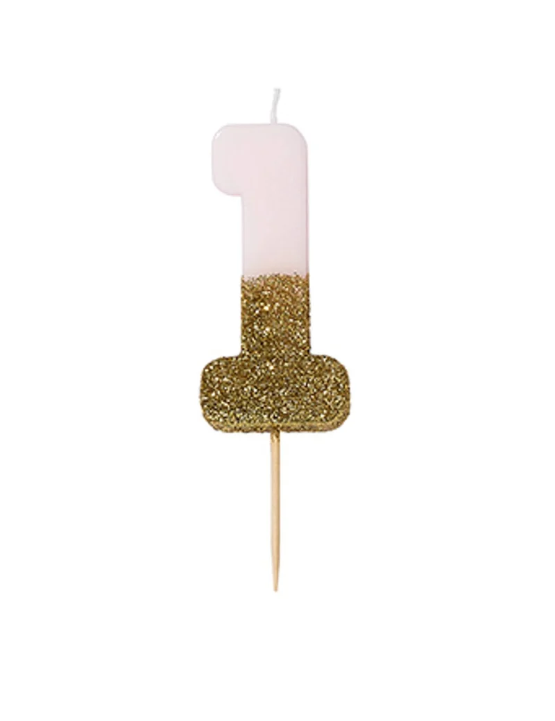 Geburtstagskerze auf Spieß Zahl 1, rosa und goldglitzernd, 13,8 cm