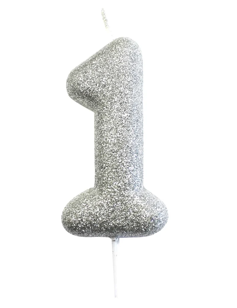 Kerze auf Spieß Zahl 1 Silber Glitzer 7 cm für Kuchen