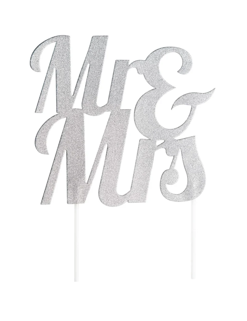 Tortenaufsatz aus Kunststoff "Mr & Mrs" silbern glitzernd 18 x 23 cm für Hochzeit