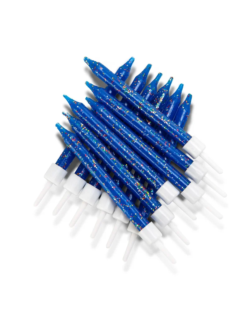 12 glitzernde blaue Geburtstagskerzen 7,5 cm für Kuchen