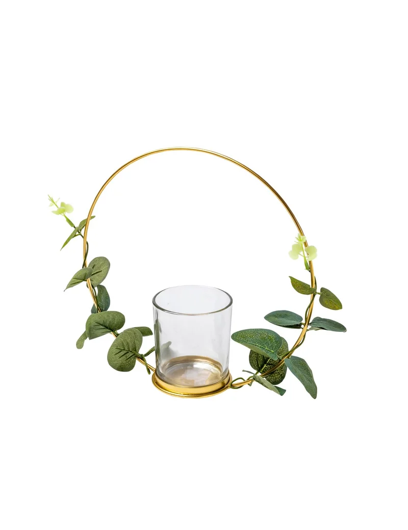 Kerzenhalter aus Metall Teelichthalter Eukalyptus auf Goldkreis 22 cm zum Aufhängen