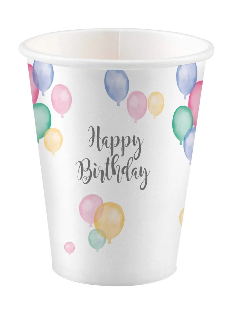 8 Pappbecher Happy Birthday Pastellballons 250ml Party