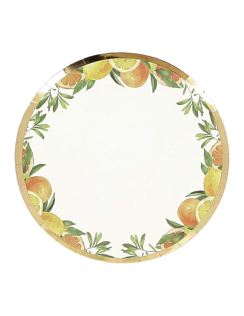 8 kleine Fizz-Zitrusfrucht-Pappteller Creme, Orange, Gelb und Gold 18cm Fruchtdesign