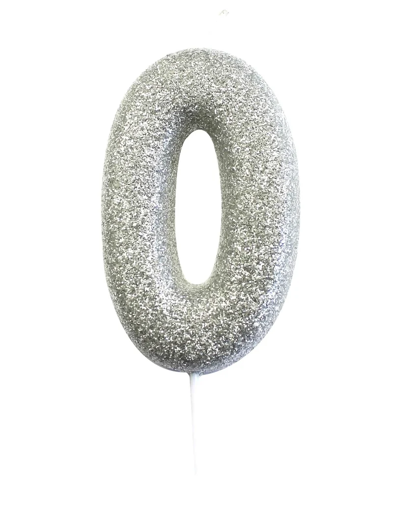 Zahl 0 Glitzer Silber Kerze auf Pick 7 cm für Kuchen