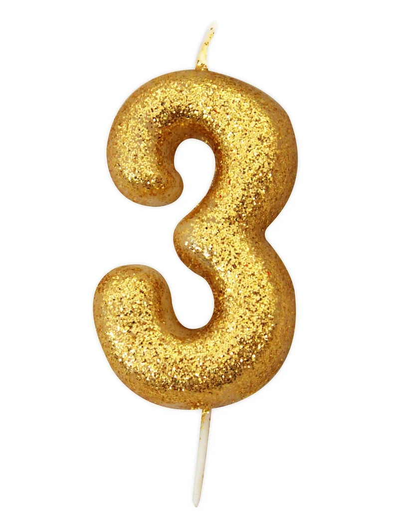 Goldglitzernde Geburtstagskerze Zahl 3, 9 cm
