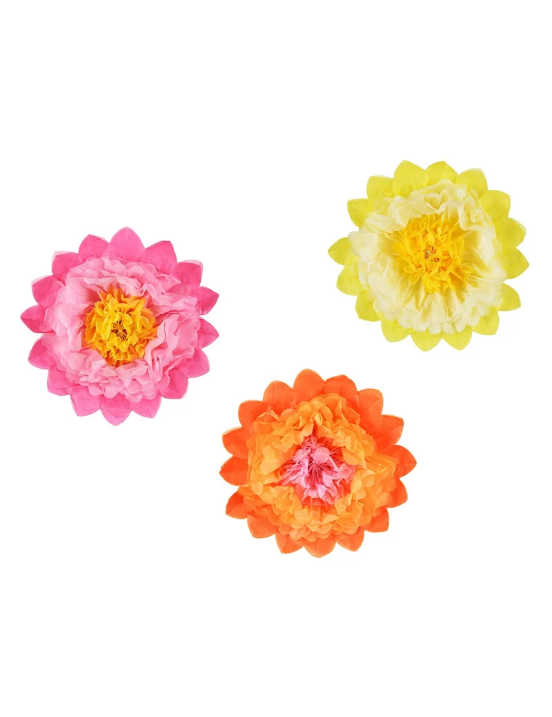 3 große Riesenpapierblumen rosa, gelb und orange 35 cm zum Aufhängen