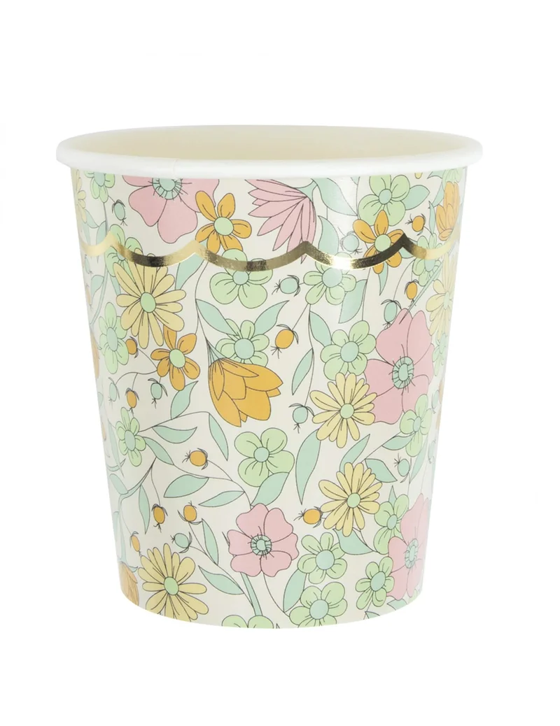 8 gezackte Shabby Gold Pappbecher 200 ml Liberty Blumen