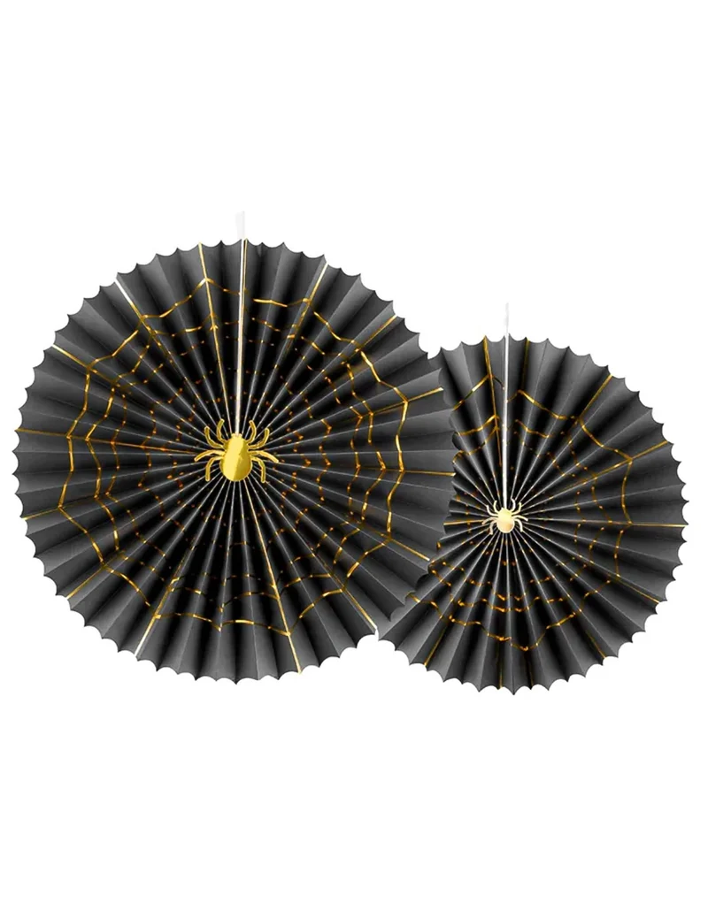 2 schwarze und goldene Spinnen-Papierrosen, 32 und 40 cm, für Halloween