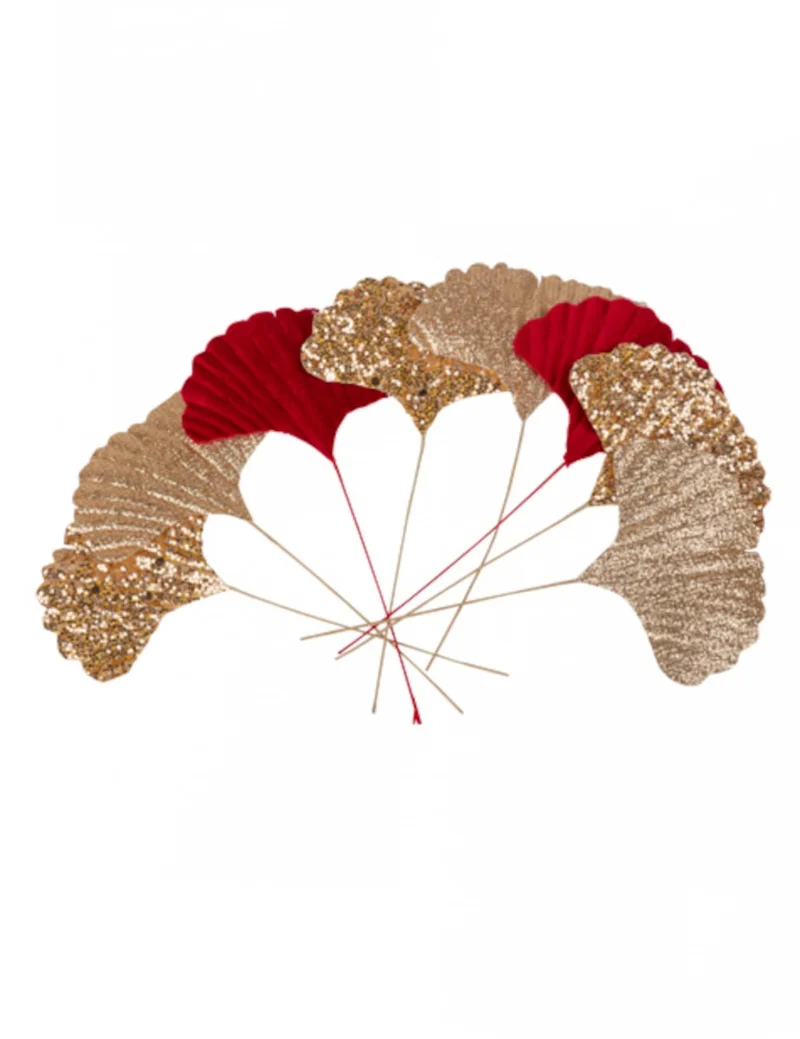 8 rote und goldene Ginkgo-Blätter 5 x 7 cm mit Samt- und Glitzereffekt