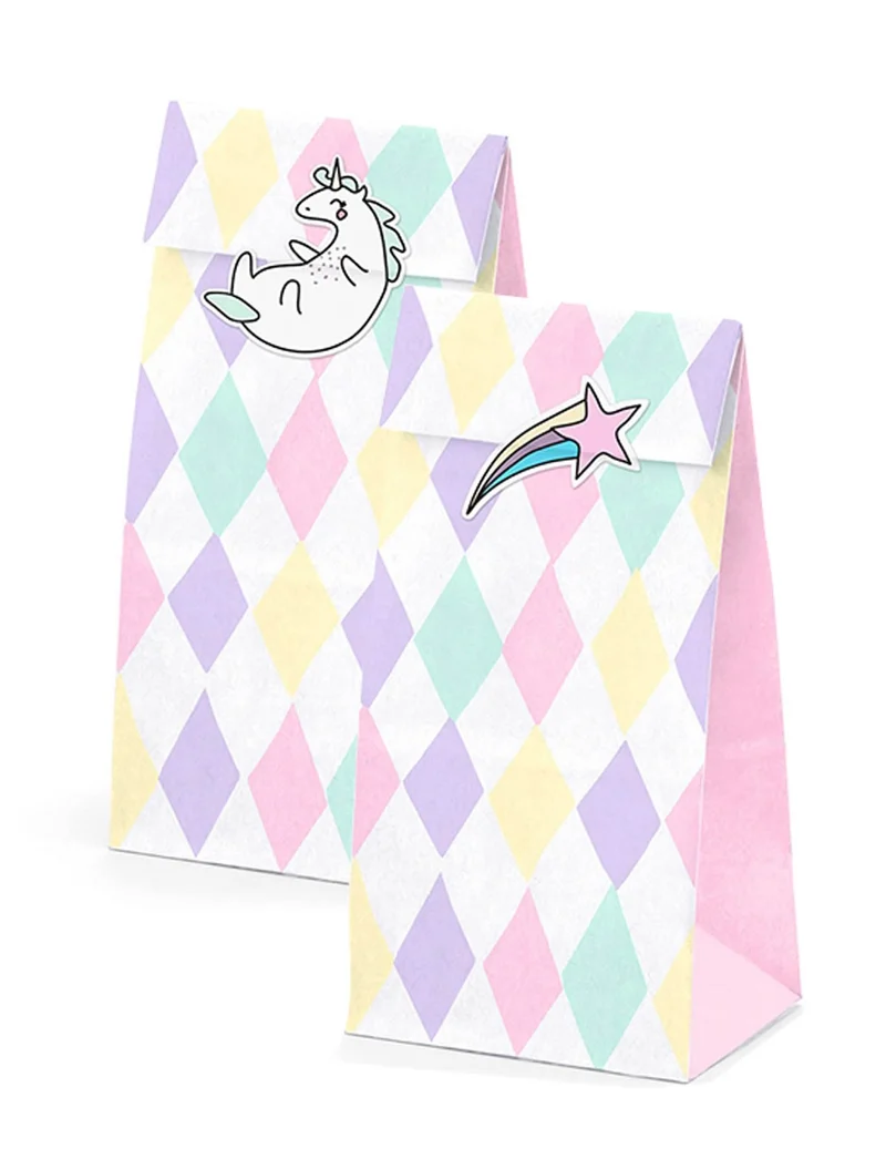 6 Einhorn-Geschenktüten aus Pastellpapier 8 x 18 x 6 cm