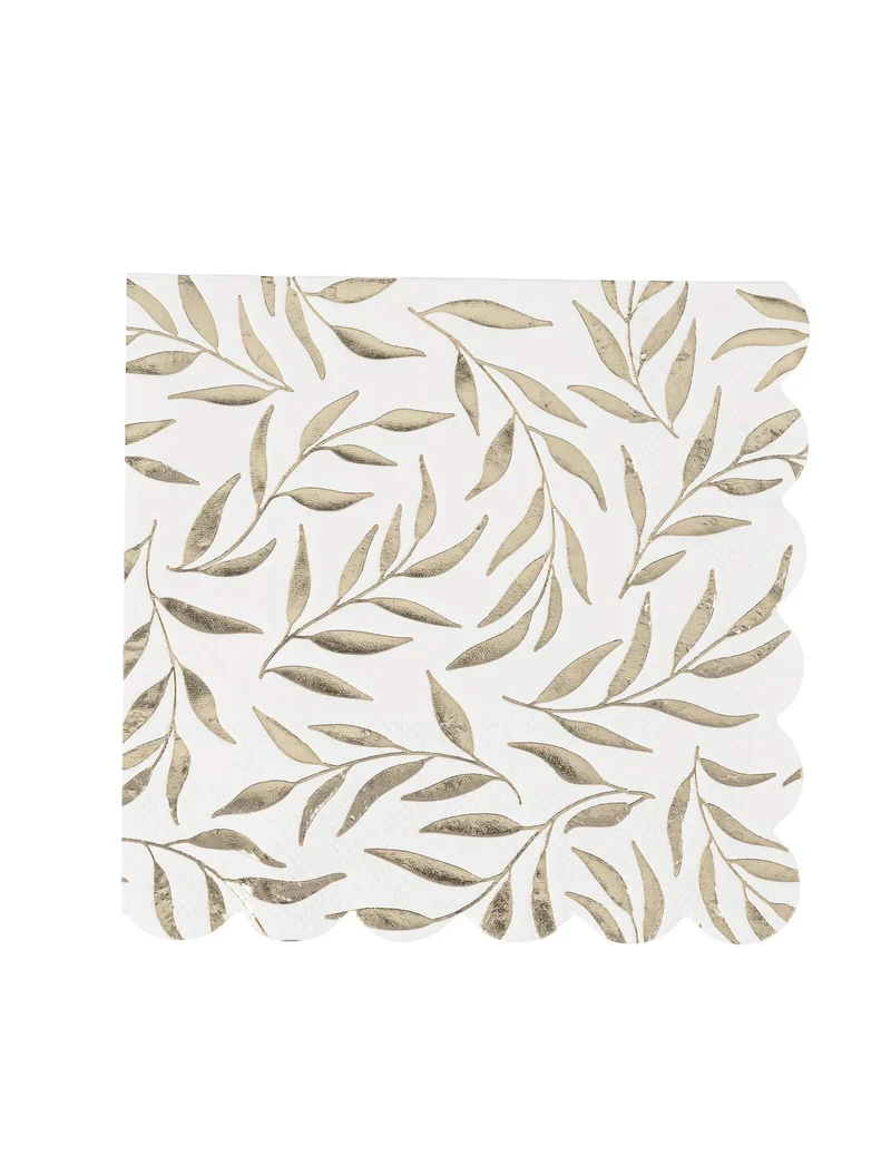 20 weiße und goldene Cocktailservietten aus Papier mit gezacktem Blattmotiv