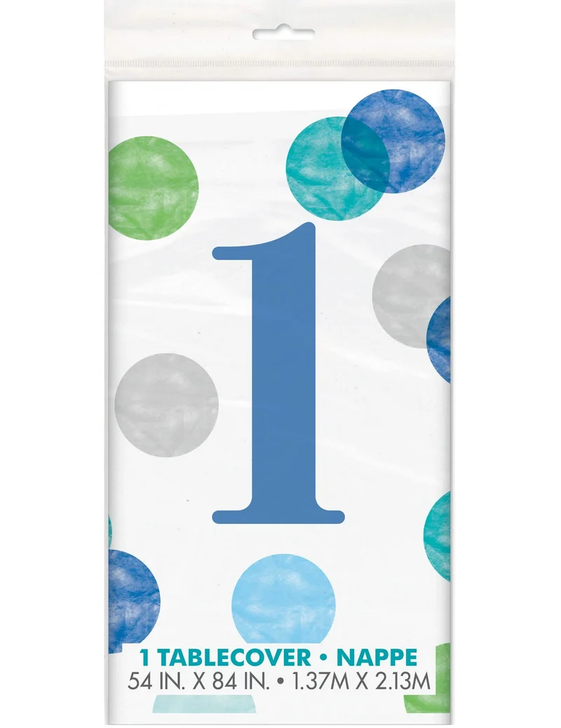 Plastik Tischdecke 1. Geburtstag weiß-blau 137 x 213 cm mit Pastellpunkten