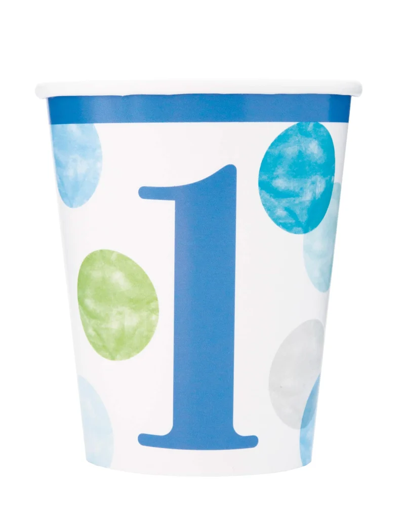8 blaue und weiße Pappbecher zum 1. Geburtstag, 266 ml, mit Pastellpunkten