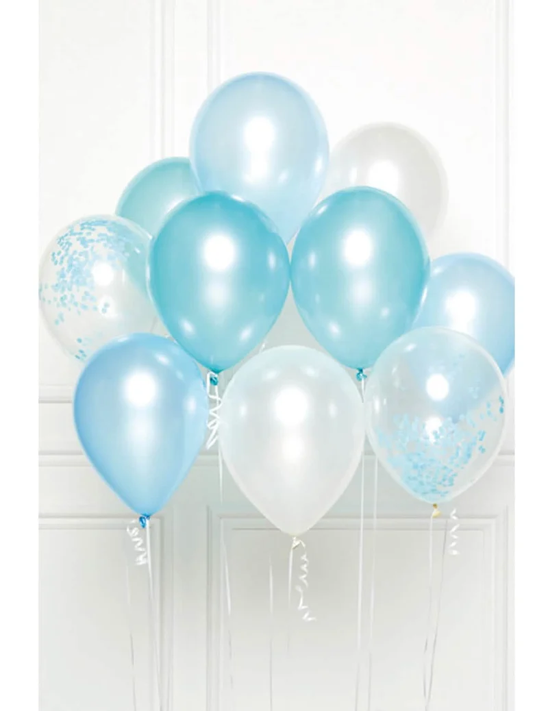 Strauß von 10 blauen Latexballons 27 cm mit Konfetti