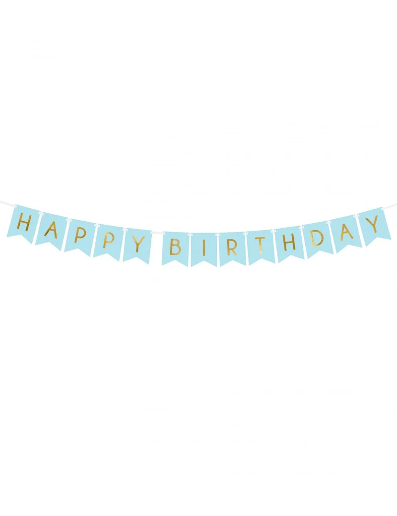 Girlande aus Pappe "Happy Birthday" blau und metallic 15 x 175 cm golden