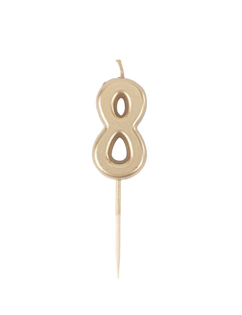 Geburtstagskerze Zahl 8, metallisch-gold, 4,3 cm mit Kuchenspieß