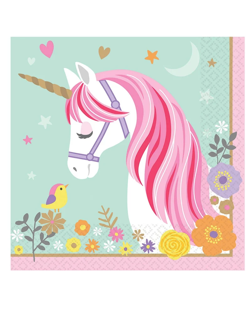 16 Papierservietten Hübsches Magisches Einhorn Rosa und Mint 33 x 33 cm