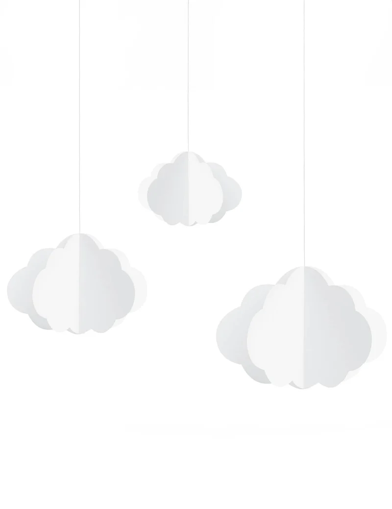 3 weiße Pappwolken zum Aufhängen für Party-Dekoration