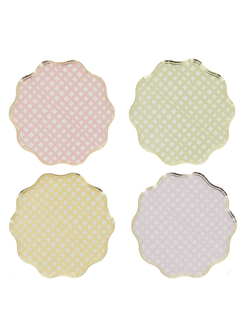 8 Pappteller in Lila, Rosa, Gelb, Grün und Gold, 23cm, gewellt mit Pastellkaros