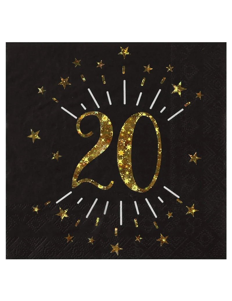 10 Papier Servietten "Alles Gute zum 20. Geburtstag" Schwarz Gold 33 x 33 cm für Party