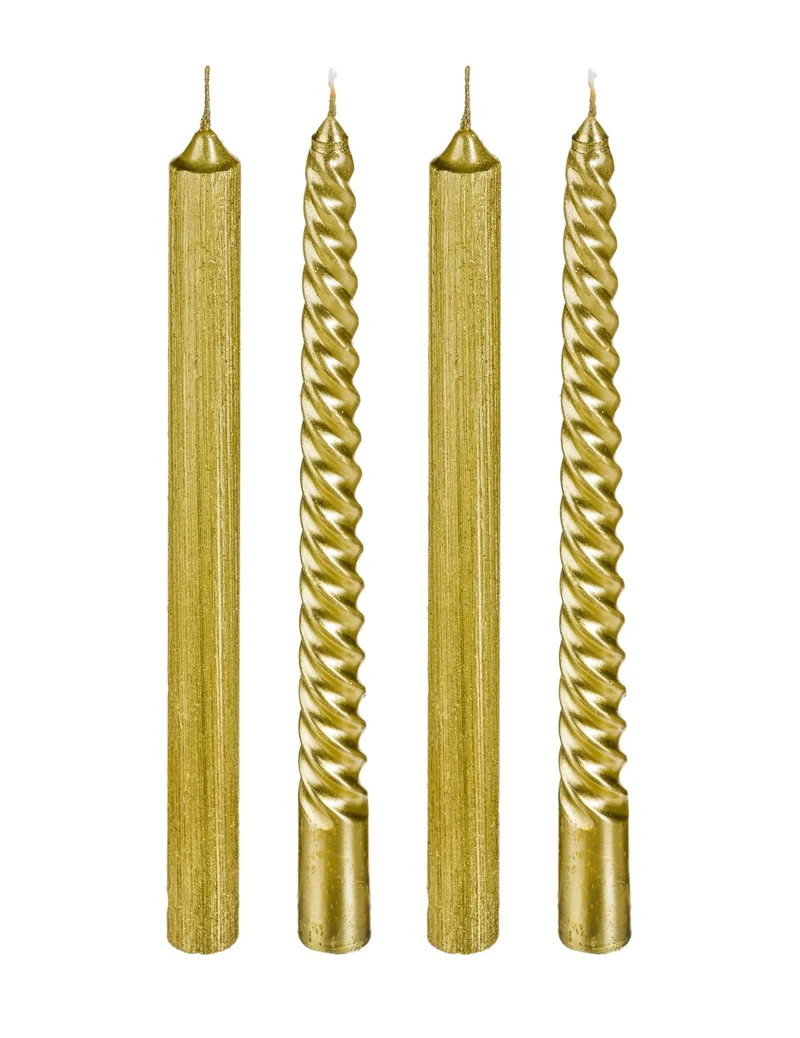 4 gedrehte Kerzen Gold und Glitzer 25 cm