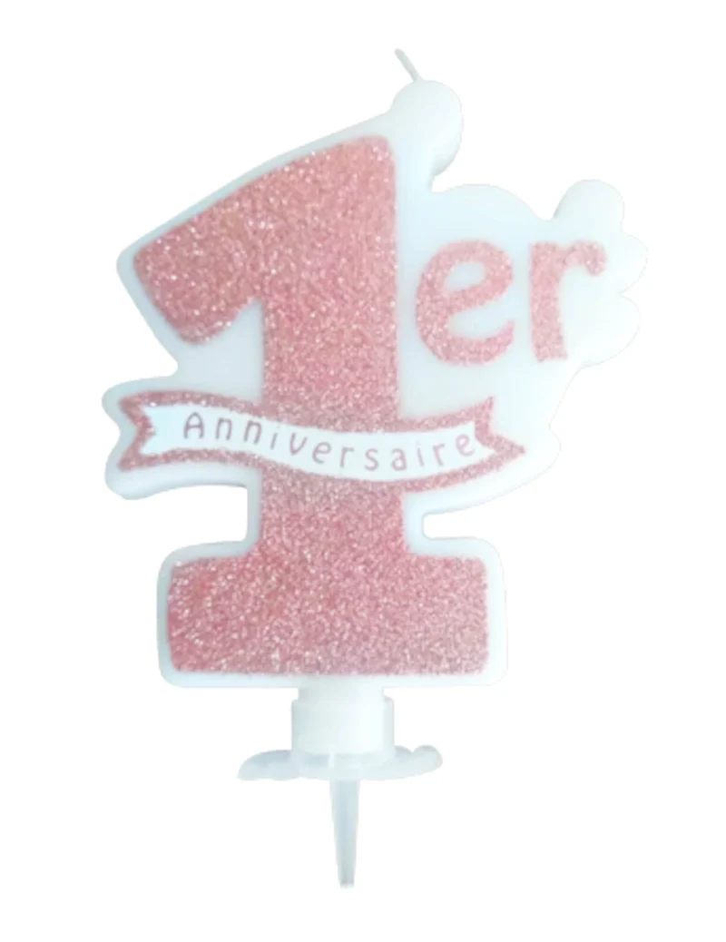 1. Geburtstagskerze Roségold Glitzer 10 x 8 cm mit Kuchenhalter