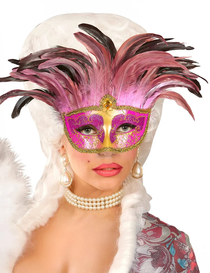 Venezianische Augenmaske in Rosa und Gold mit Federn für Erwachsene