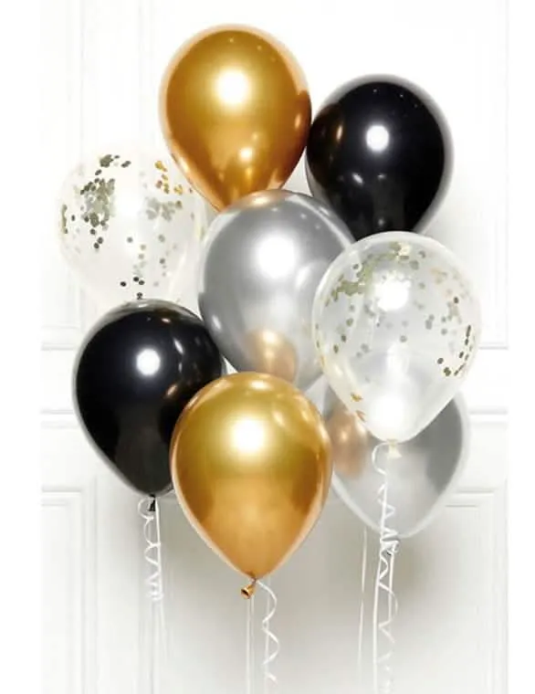 Bouquet von 8 schwarzen, goldenen und silbernen Ballons 27 cm mit Konfetti